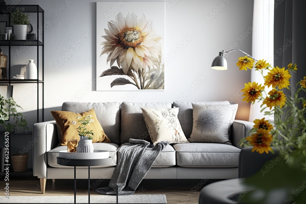 Canvas Prints cozy living room with stylish furniture and wall decor. Generative AI