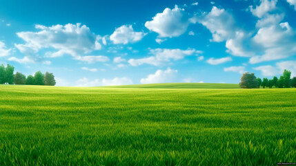 green field and blue sky. Generative Ai. 