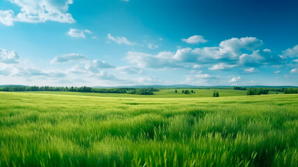 Obraz premium green field and blue sky with clouds. Generative Ai. 