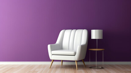 purple room with white armchair and lamp. Generative Ai. 