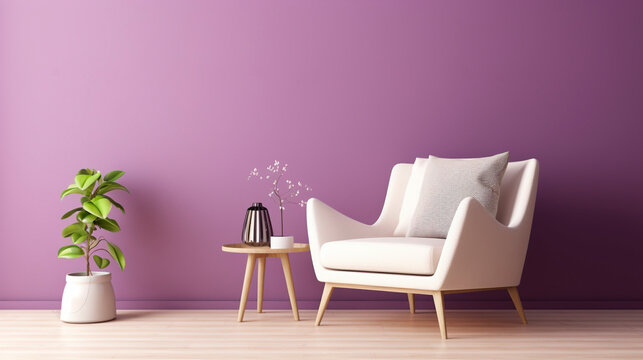 white armchair with chair in purple interior. Generative Ai. 