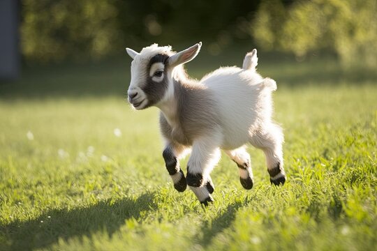 A adorable goat baby runs about in the summer. A farms animals. Generative AI