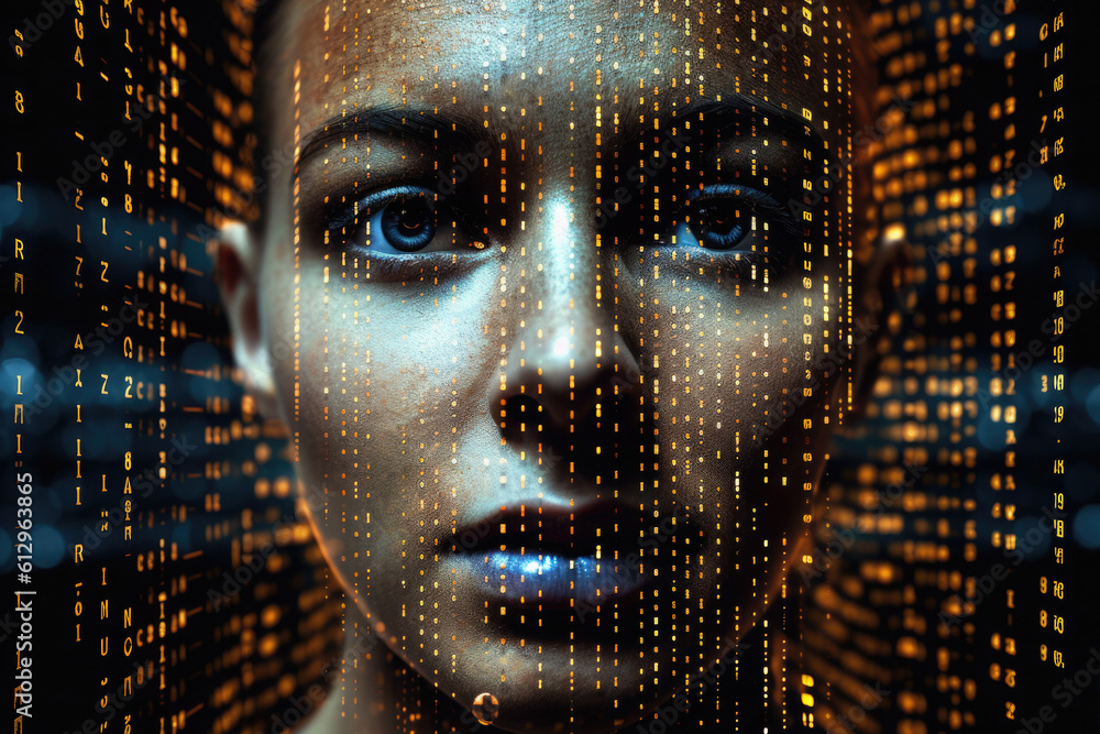 Poster digital hologram of female face looking from futuristic screen. interaction with artificial intellig
