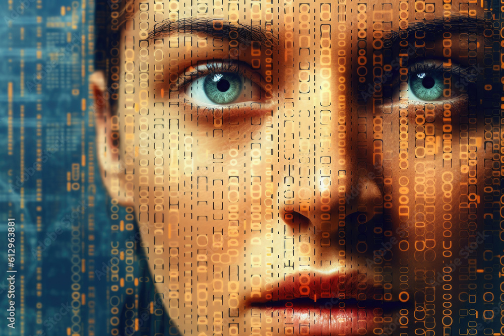 Poster digital hologram of female face looking from futuristic screen. interaction with artificial intellig