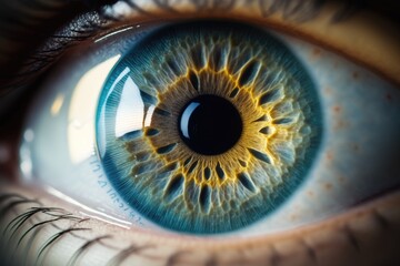 detailed blue eye with a vibrant yellow iris. Generative AI