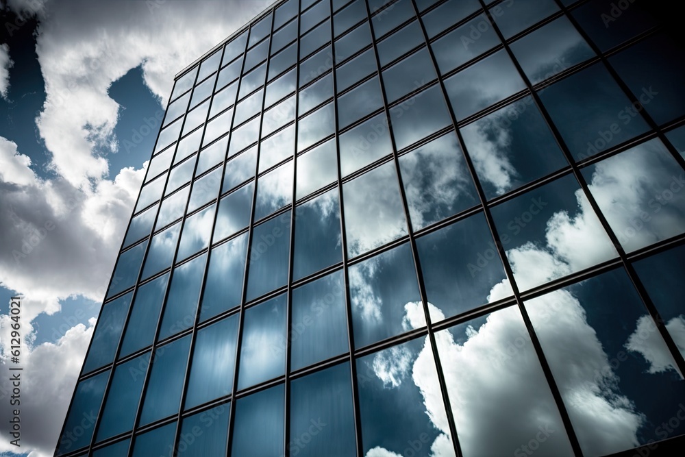 Poster skyscraper with numerous windows reaching towards the sky. generative ai