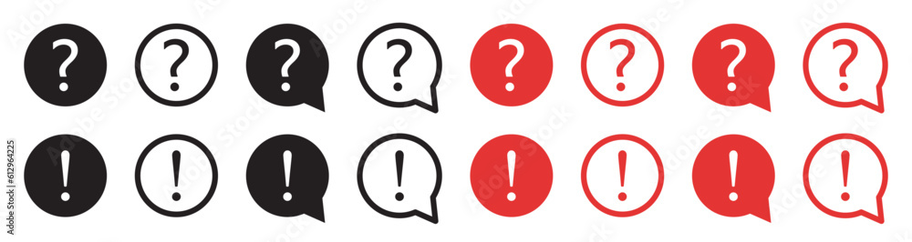 Wall mural set of question mark and exclamation mark icons. faq signs, help. help speech bubble sign, vector.