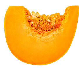 Pumpkin, cut piece with seeds, isolated on transparent background .