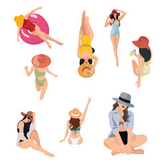 A set of eight beautiful girls in swimsuits and bikinis with hat and shirts in different poses resting during vacation in faceless style for webs, posters
