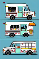 A cute drawing of a ice cream, food truck. (AI-generated fictional illustration)