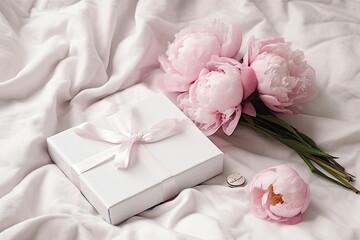 white box filled with pink flowers placed on a white blanket. Generative AI