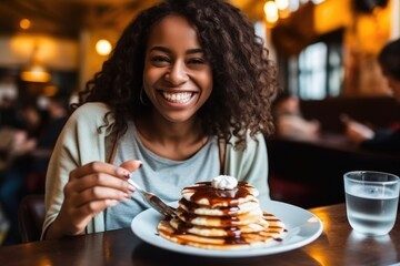 A woman eating pancakes with syrup in cafe, AI Generative - obrazy, fototapety, plakaty