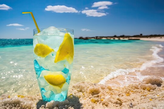 A chilled drink with ice and a wedge of lemon on the beach on a hot summer day. Generative AI
