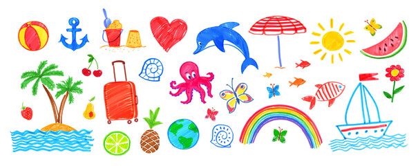 Illustration collection of summer seaside vacation isolated child drawings