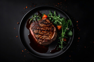 beef steak on a black plate, dark background, Generative Ai