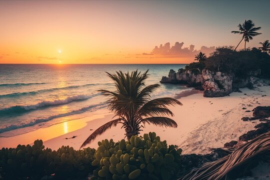 Beautiful sunrise on Tulum Beach in Mexico. Generative AI