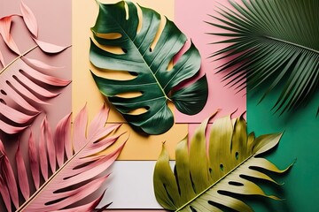 Fresh Palm Leaves in a Tropical Setting. Set of Creative Summer Trendy Design. Fashion idea with bright colors. The backdrop is bright. Minimalist Art. Generative AI