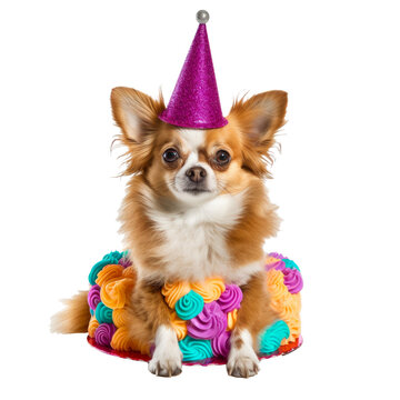 Agressive Dog Sitting On A Birthday Cake And Wearing A Birthday Party Hat On A Transparant Background, Cut Out Clipart For Print And Presentation