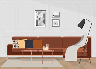 Illustration of an eclectic living room interior with a comfortable velvet corner sofa with cushions.
