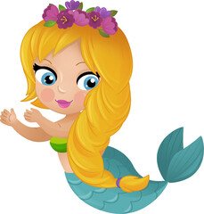 cartoon scene with happy young mermaid swimming isolated illustration for children