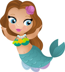 cartoon scene with happy young mermaid swimming isolated illustration for children
