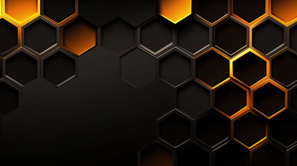 Black background with hexagons. Geometric background in black and yellow. Generative AI.