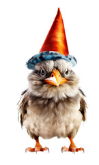 Grumpy bird wearing a birthday party hat on a transparant background, cut out clipart for print and presentation