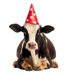 Cow wearing a birthday party hat on a transparant background, cut out clipart for print and presentation