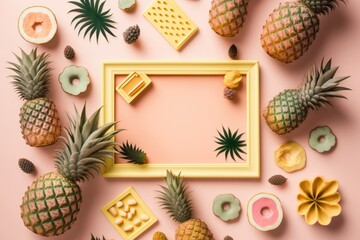 Fototapeta premium Composition of summer fruits. Coconuts and pineapples on a light pink background. Background with fruits. Summer theme. Flat lay, top view, and copy space. Generative AI