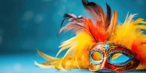 Obraz premium Carnival Party. Venetian mask banner with defocused bokeh lights. AI generative