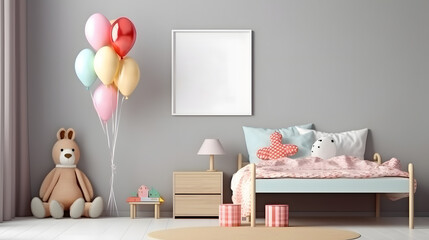 nursery room, kids room with baloons, wall frame mockup, children bed, pastel colors