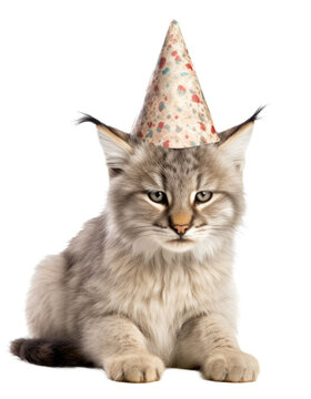 Grumpy Lynx Wearing A Birthday Party Hat On A Transparant Background, Cut Out Clipart For Print And Presentation