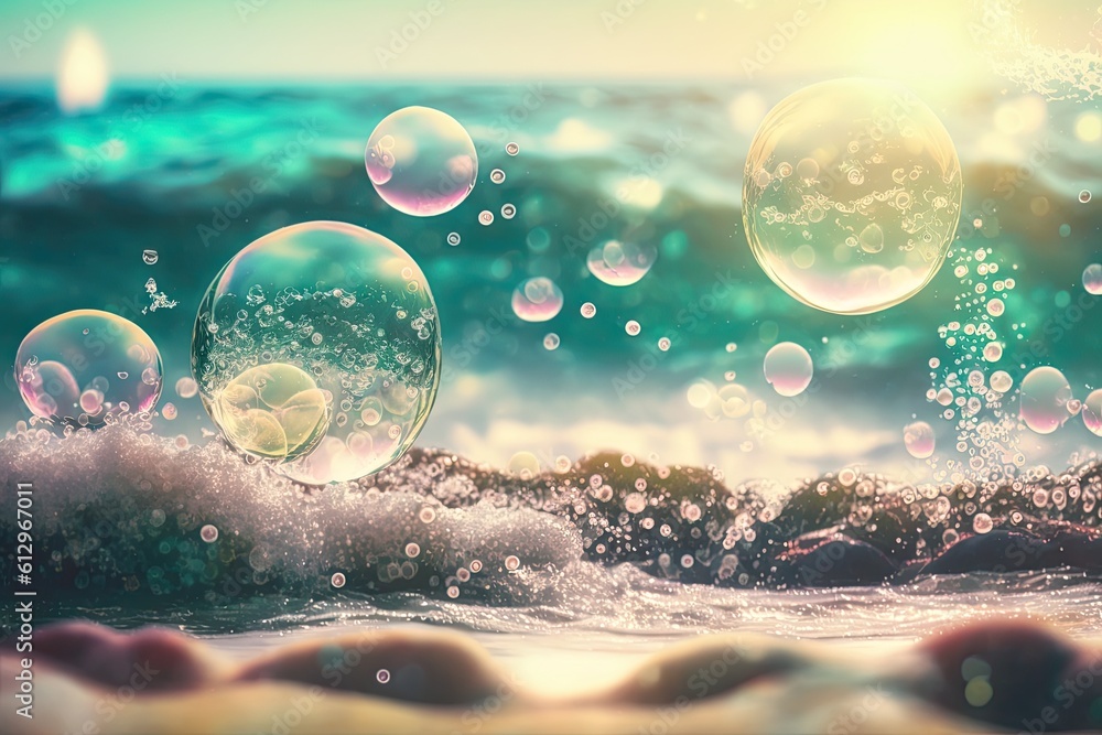Poster background image of a summertime seaside with some bubbles that resemble those seen in mermaid kingd