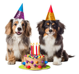 Funny cute dogs with party hats sitting behind a birthday cake on a transparant background, cut out clipart for print and presentation