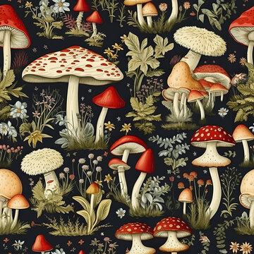 A pattern of mushrooms and flowers on a black background. Generative AI, seamless natural background.