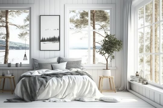 A lovely white bedroom with a summer scenery outside the window. Nordic-style interior design. Generative AI