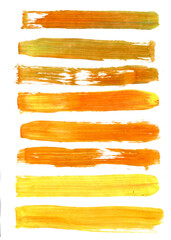 Obraz premium Abstract watercolor and acrylic line brushstroke smear painting blot. Yellow Color design element. Texture paper. Isolated on white background. 
