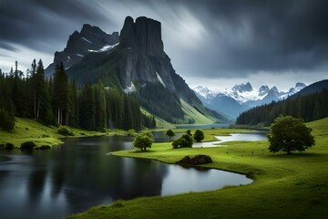 lake in the mountains and tree on the jungles and river water show.House near the river.