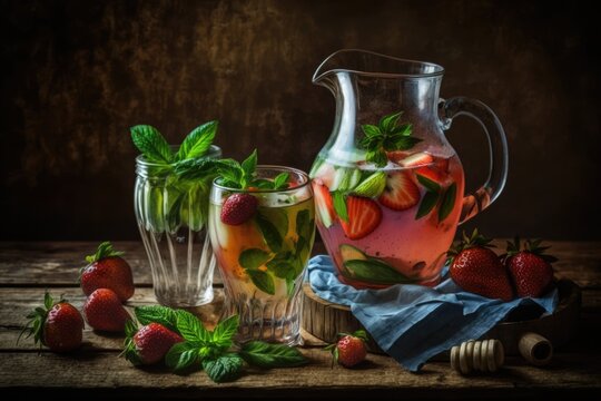 A pleasant summer drink with strawberries in a jug and glasses on the antique wood table. Generative AI