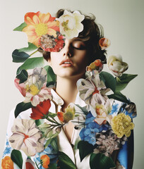 Collage with beautiful female portrait and flowers.