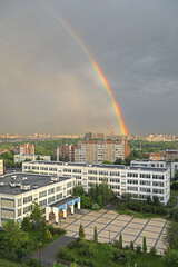 Bright rainbow after thunderstorm. Moscow, Russia