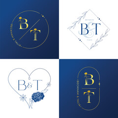 Royal gold and blue letter B and T wedding monogram set 