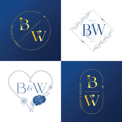 Royal gold and blue letter B and W wedding monogram set 