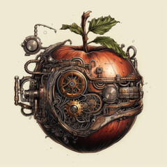 apple, vintage background, products, enginer, generative, ai, steampunk, background, clockwork, brooch, jewelry