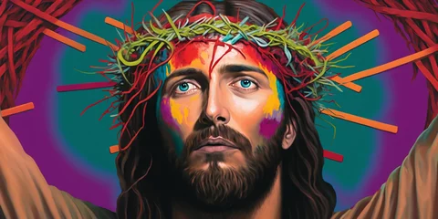 Foto op Plexiglas Image created by artificial intelligence of a portrait of Jesus of Nazareth of the Catholic religion © Peludis