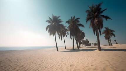 Fototapeta na wymiar Palmy Trees Grace a Golden Sandy Beach, Providing a Gateway to Coastal Serenity