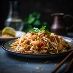 Close-up of Thai Pad Thai with Shrimp and Tofu