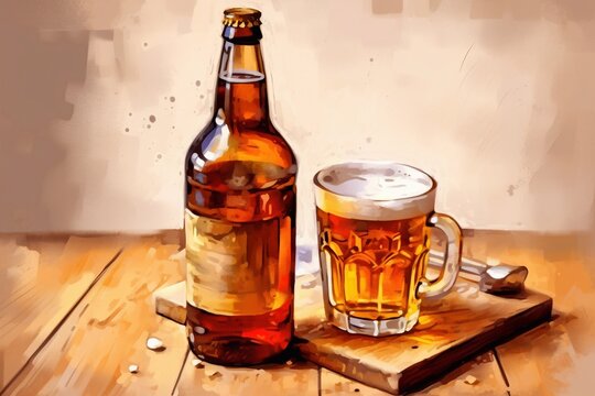international beer day, a glass of light hopped beer on a wooden table and green hops Generative AI