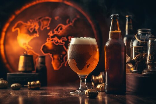 international beer day, a glass of light hopped beer on a wooden table and green hops Generative AI