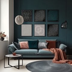 Modern Living Room Interior with Dark Sofa and Artwork Frames